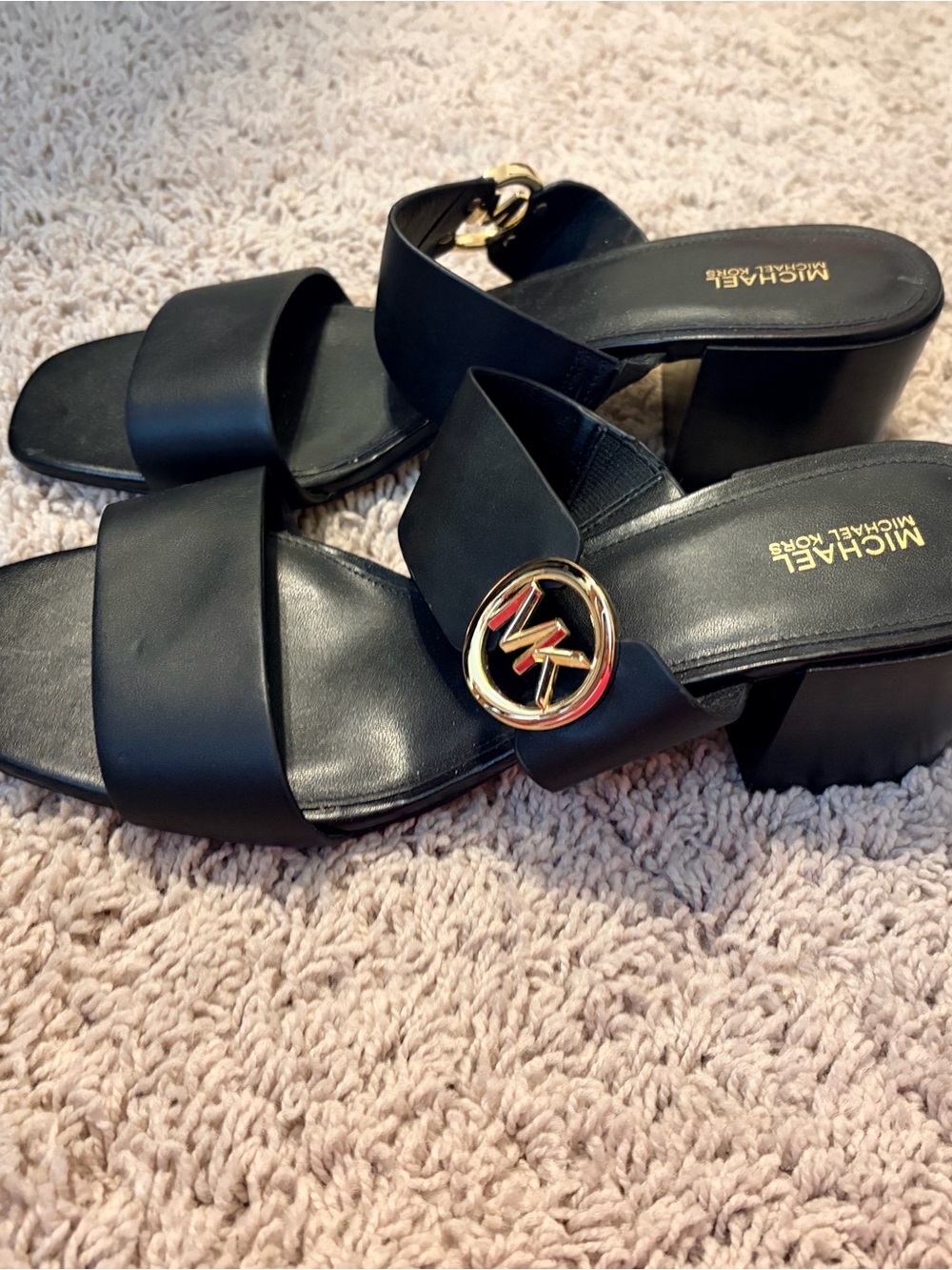 MICHAEL Michael Kors Black Gold Logo Block Heel Sandals Size 10